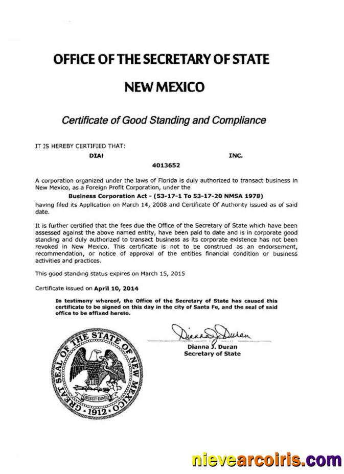 USA New Mexico certificate of good standing